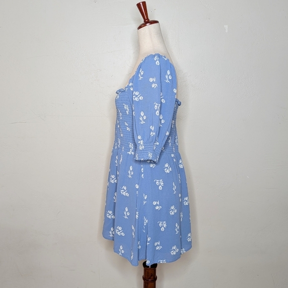 Reformation Elle Shirred Floral-print Georgette Mini Dress Blue Size 12 - Picture 4 of 8